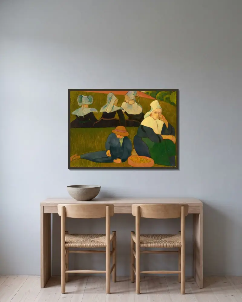 Bretonskt motiv (bretonska kvinnor på en äng) av Emile Bernard inramad på en vägg