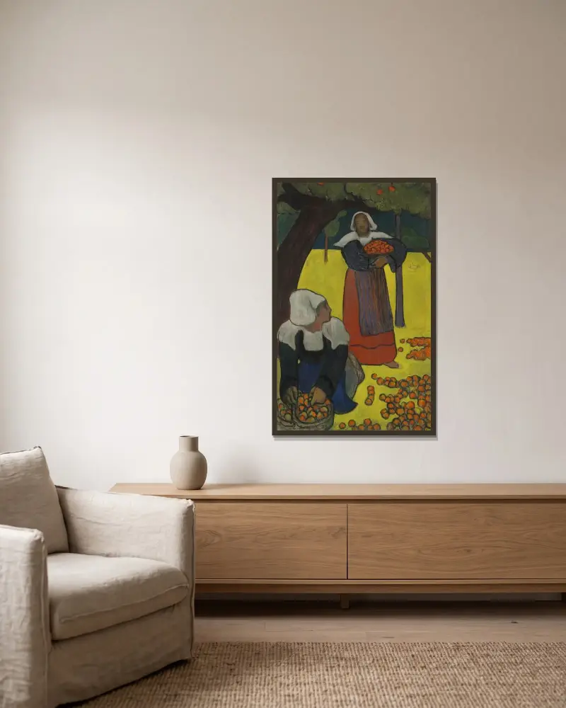 Bretonska kvinnor som plockar äpplen av Emile Bernard inramad på en vägg