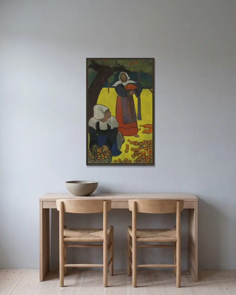 Bretonska kvinnor som plockar äpplen av Emile Bernard inramad på en vägg