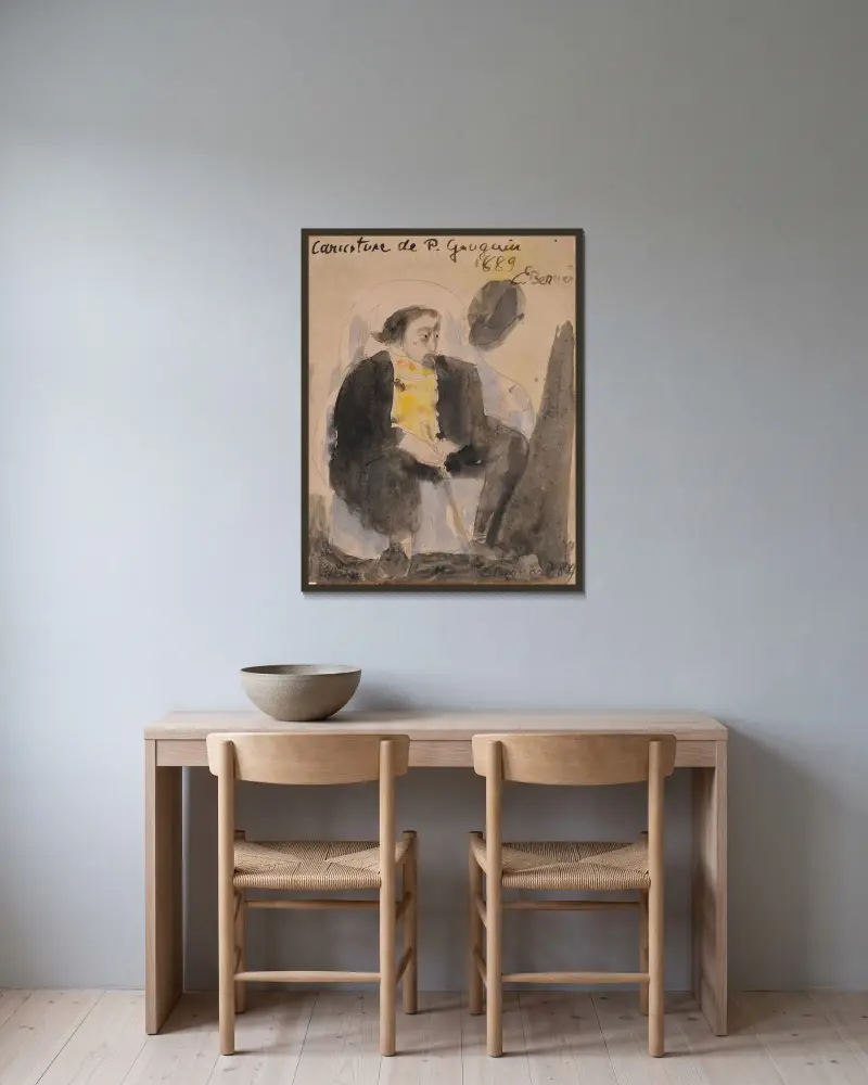 Karikaty av Paul Gauguin av Emile Bernard inramad på en vägg