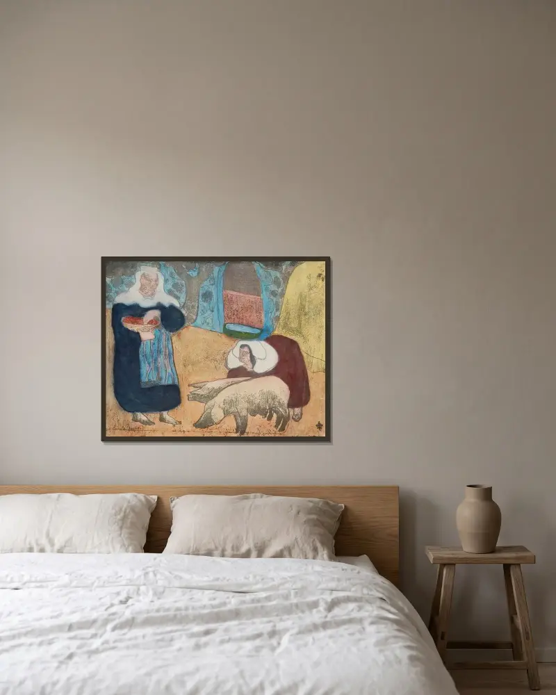 Kvinnor med grisar av Emile Bernard inramad på en vägg