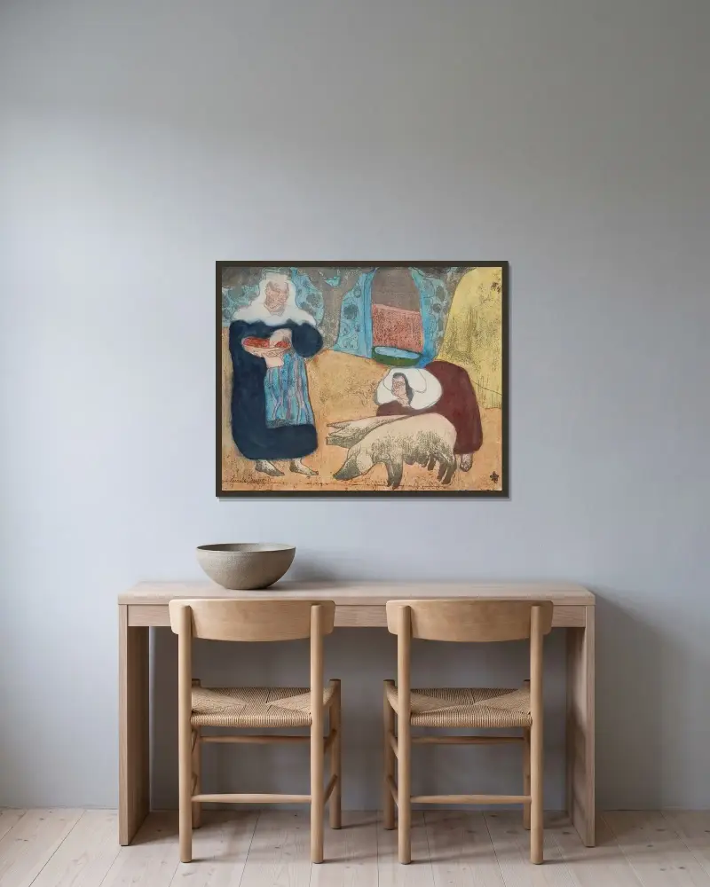 Kvinnor med grisar av Emile Bernard inramad på en vägg