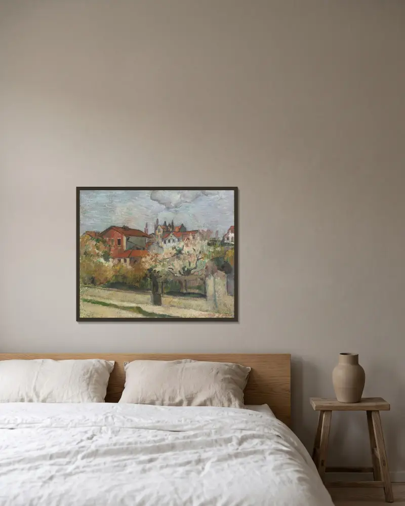 Blommande trädgård i Asinères av Emile Bernard inramad på en vägg