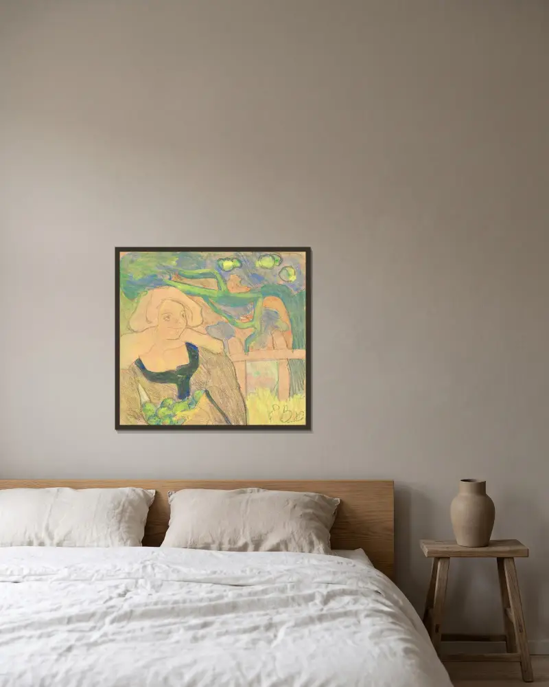 Äppelplockningen av Emile Bernard inramad på en vägg