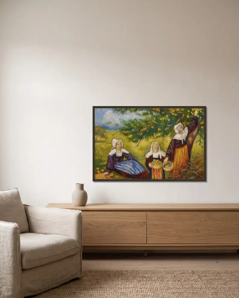 Äppelplockerskorna av Emile Bernard inramad på en vägg