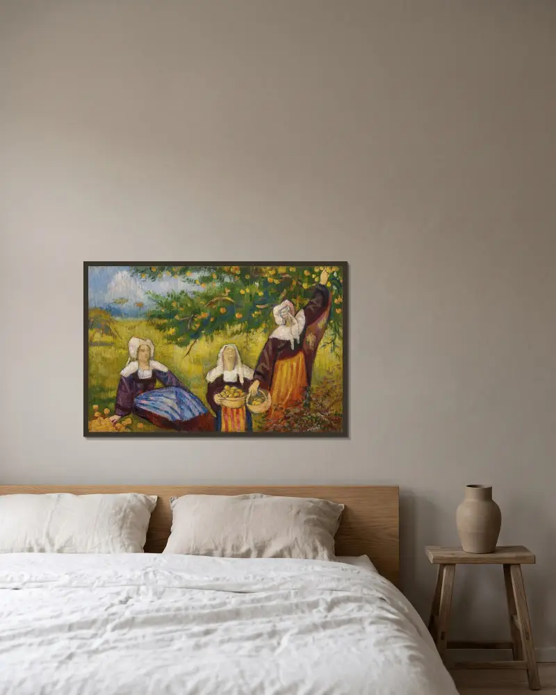 Äppelplockerskorna av Emile Bernard inramad på en vägg