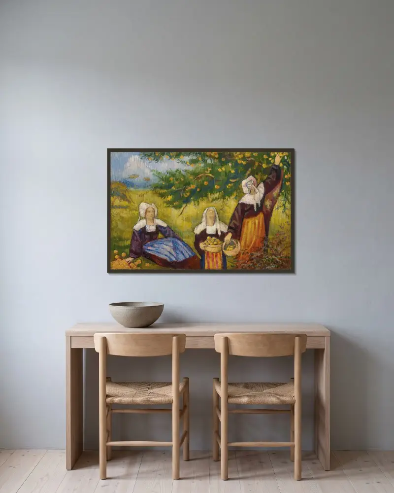Äppelplockerskorna av Emile Bernard inramad på en vägg