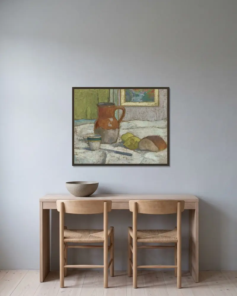 Stilleben med kanna och kopp av Emile Bernard inramad på en vägg