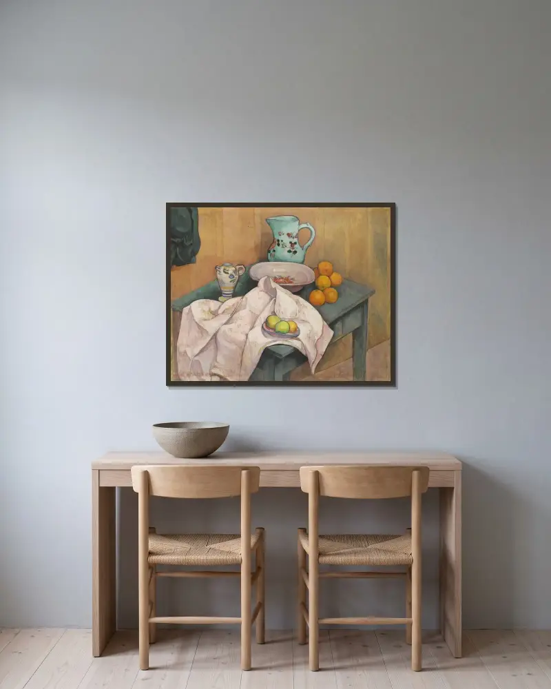 Stilleben med kanna och frukt på utbredd servett av Emile Bernard inramad på en vägg