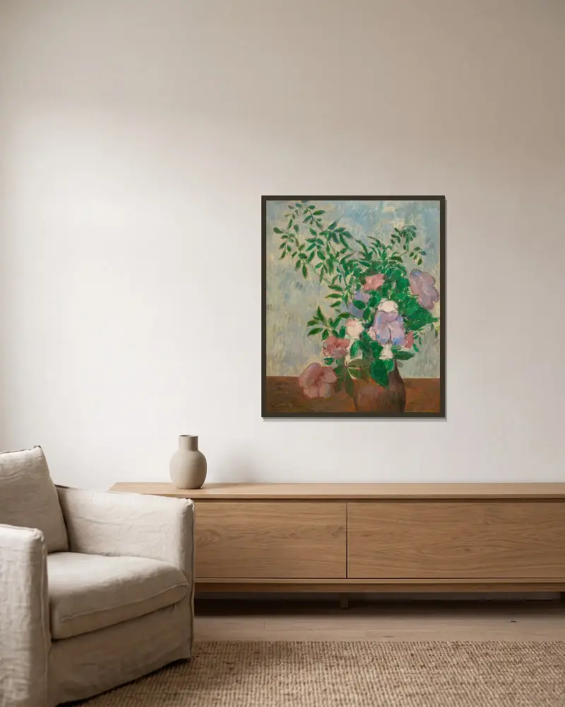 Stilleben med blomvas av Emile Bernard inramad på en vägg