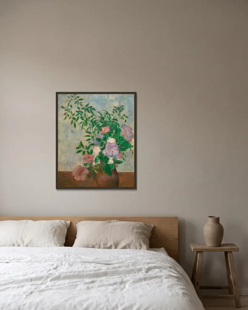 Stilleben med blomvas av Emile Bernard inramad på en vägg