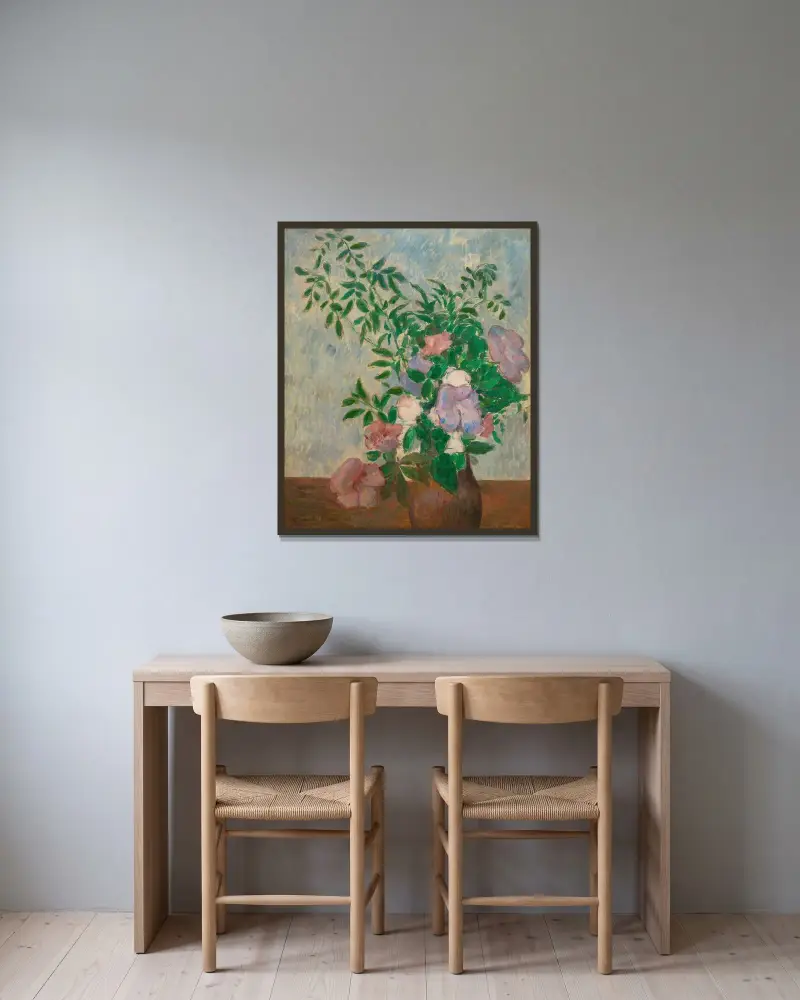Stilleben med blomvas av Emile Bernard inramad på en vägg