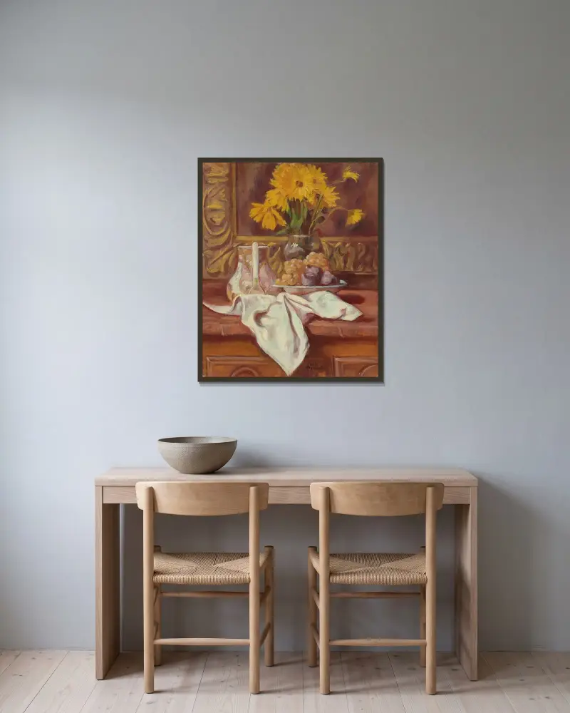 Stilleben med fikon och solrosor av Emile Bernard inramad på en vägg