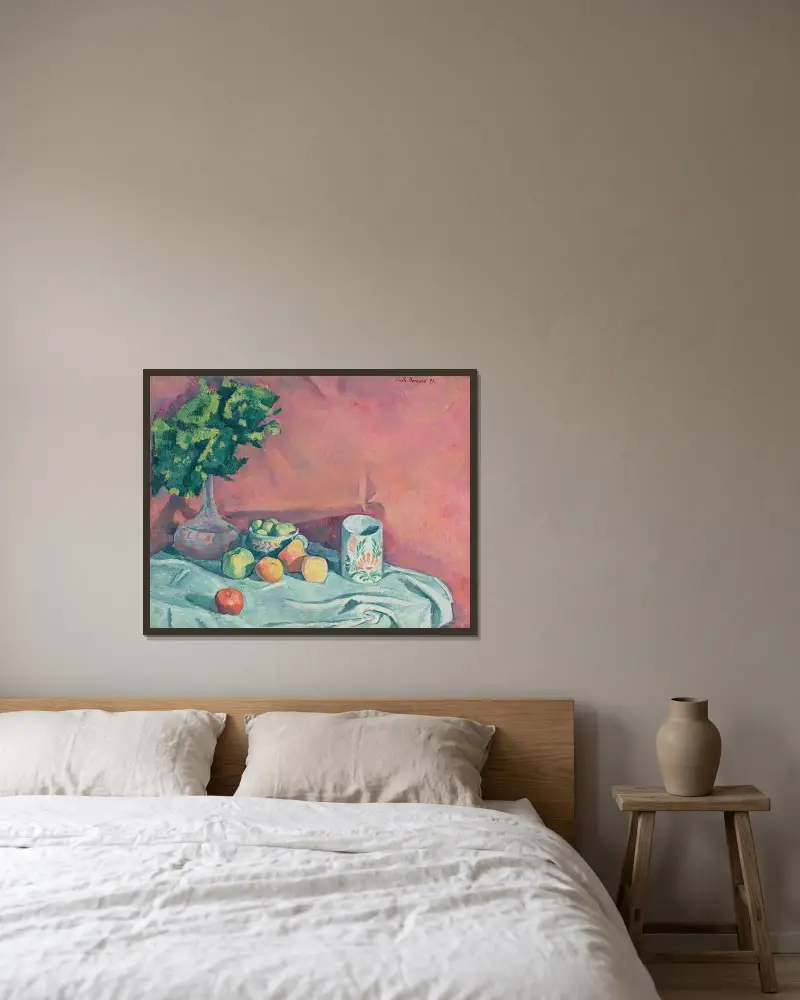 Stilleben med frukt, blommor och kopp av Emile Bernard inramad på en vägg