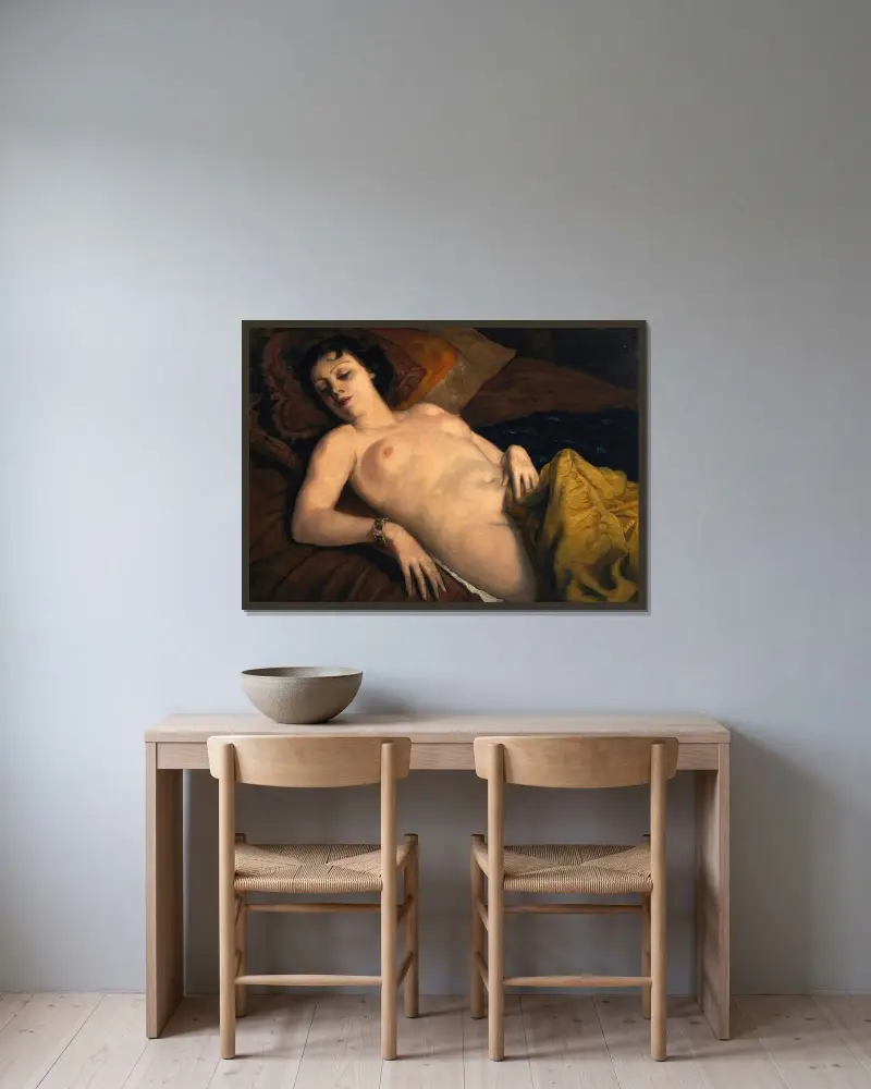 Liggande naken med armband av Emile Bernard inramad på en vägg