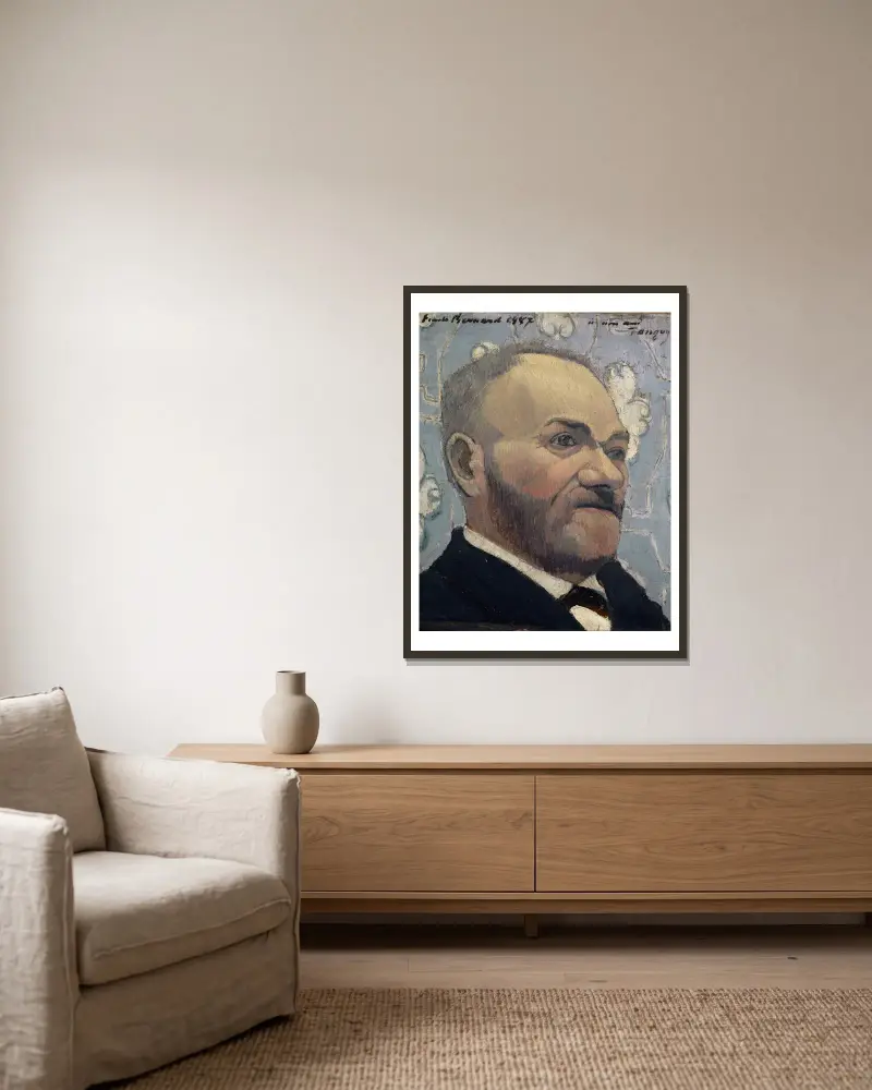 Portrait of Père Tanguy av Emile Bernard inramad på en vägg