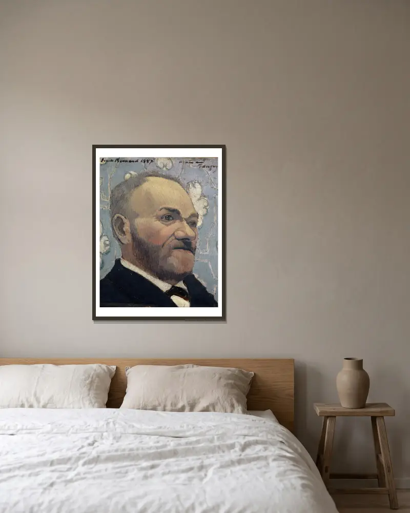 Portrait of Père Tanguy av Emile Bernard inramad på en vägg