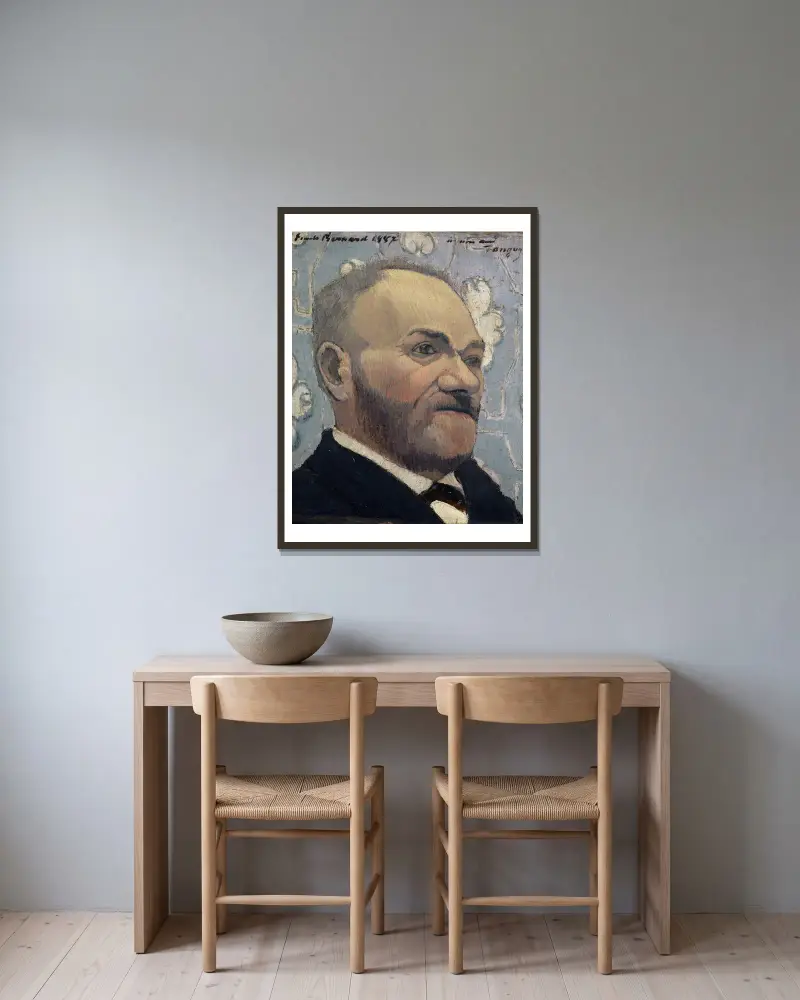 Portrait of Père Tanguy av Emile Bernard inramad på en vägg