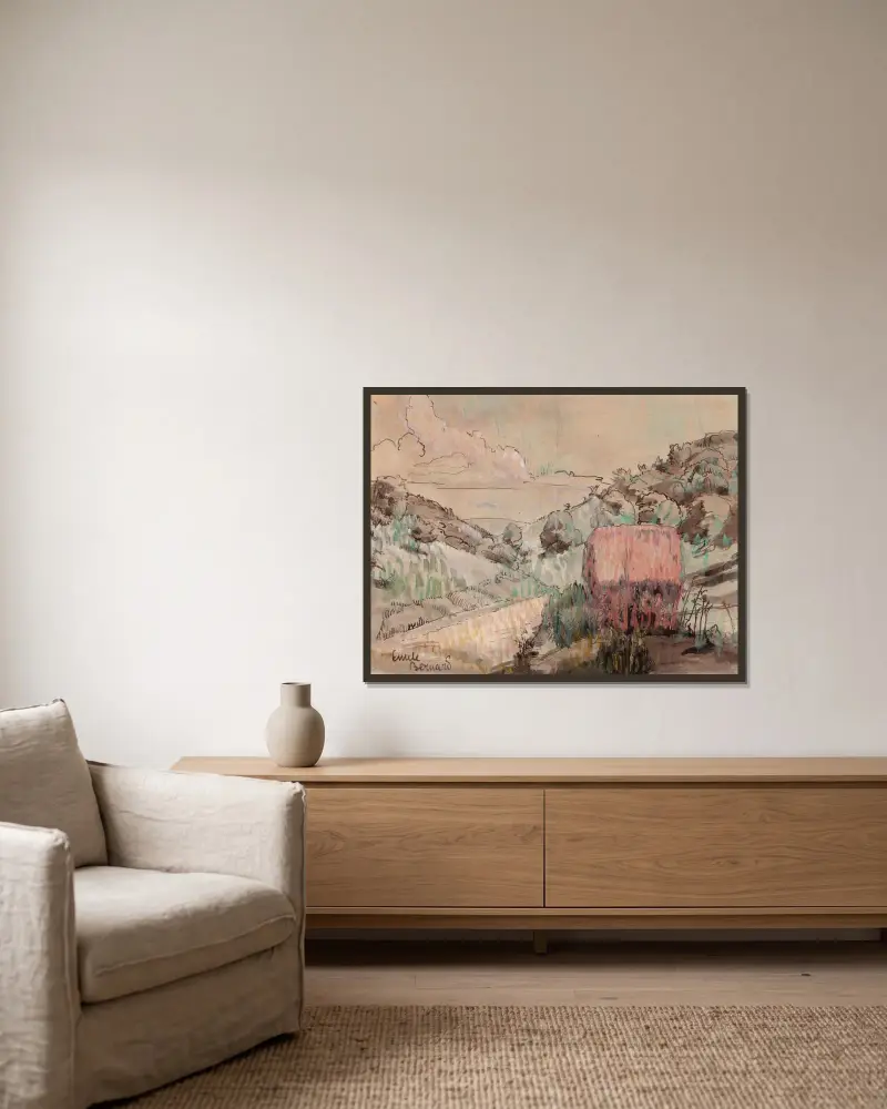 Röd stuga på en sluttning av Emile Bernard inramad på en vägg