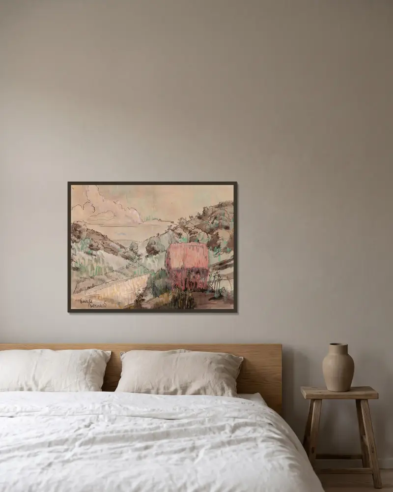Röd stuga på en sluttning av Emile Bernard inramad på en vägg