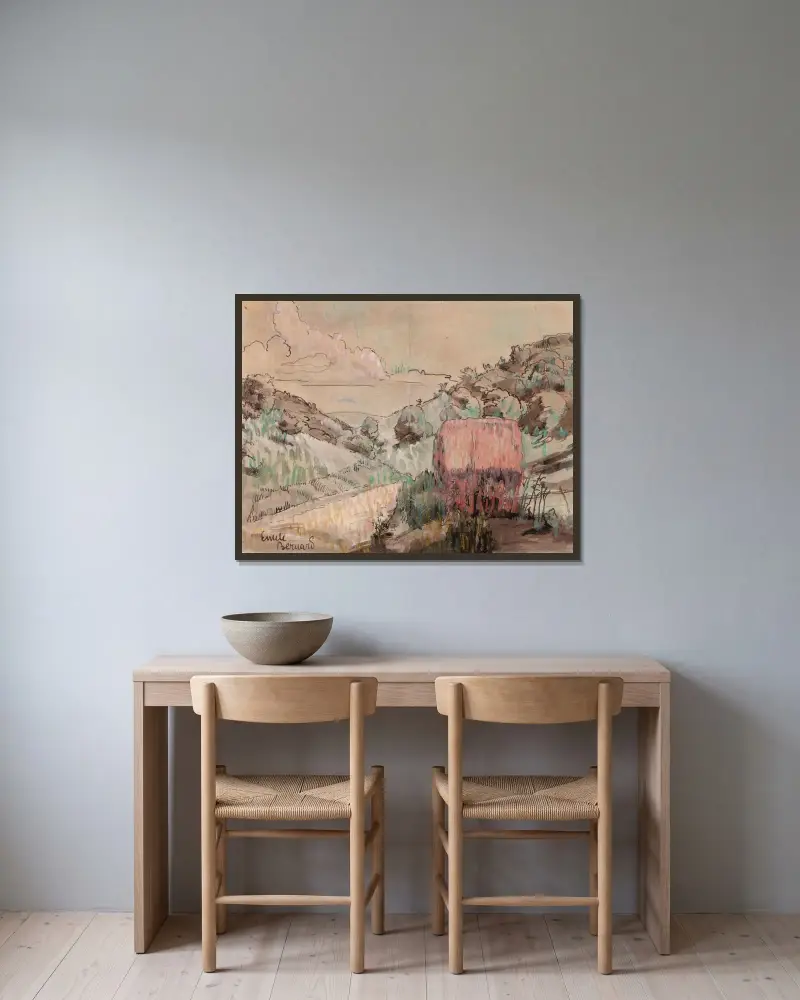 Röd stuga på en sluttning av Emile Bernard inramad på en vägg