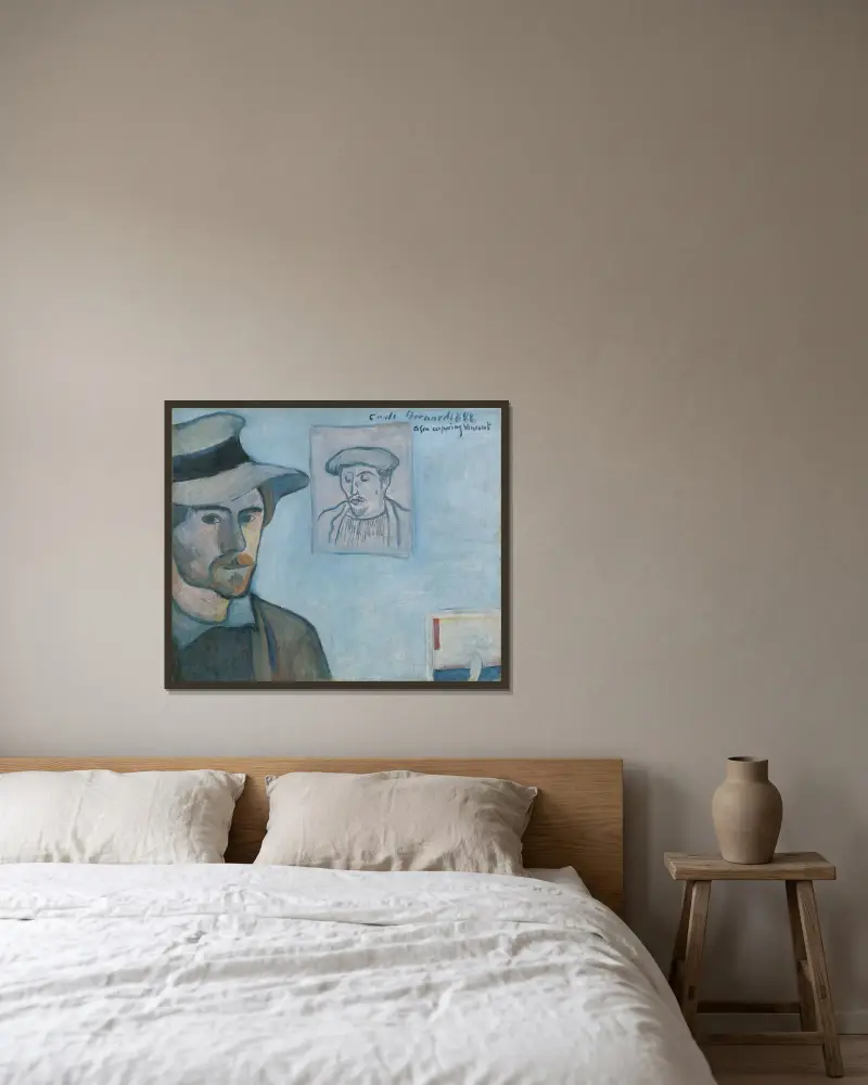 Självporträtt med porträtt av Gauguin av Emile Bernard inramad på en vägg