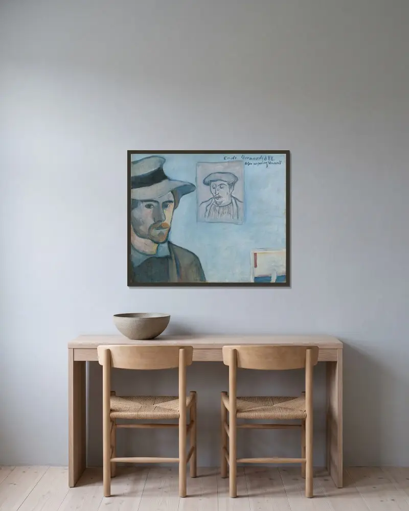 Självporträtt med porträtt av Gauguin av Emile Bernard inramad på en vägg