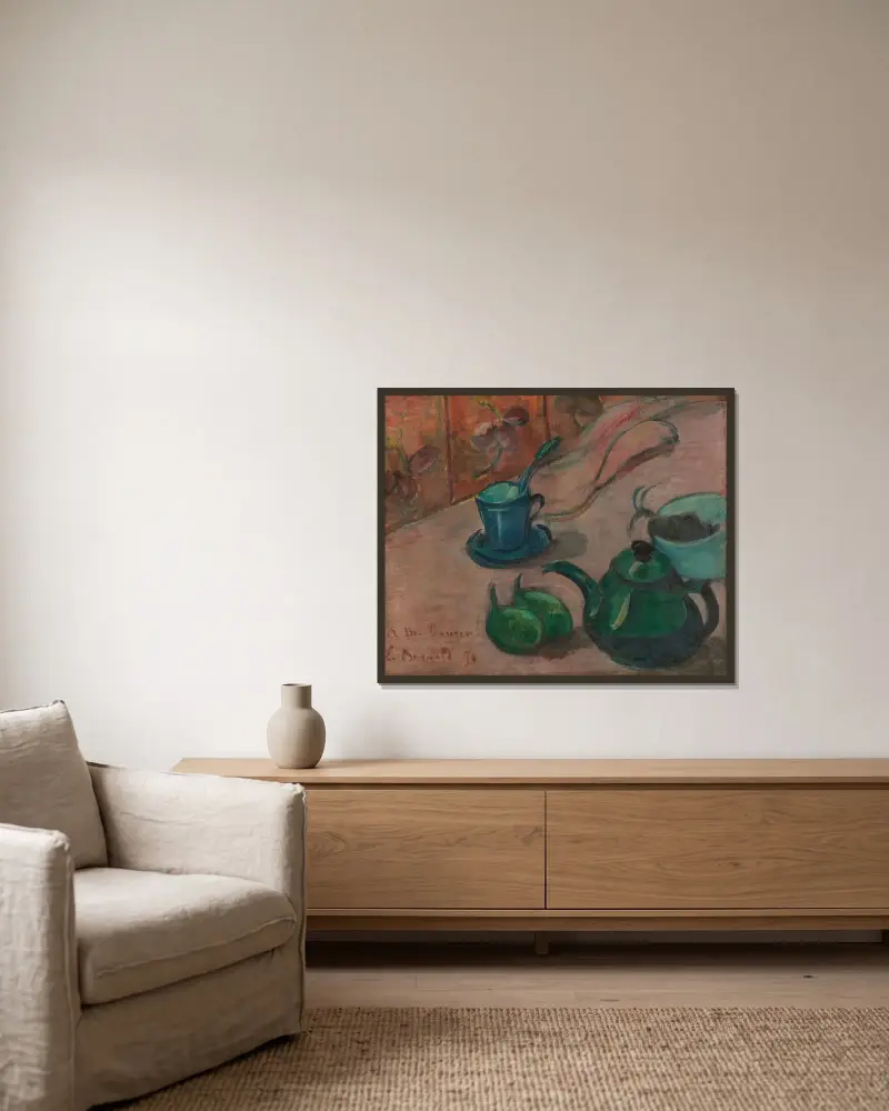 Stilleben med tekanna, kopp och frukt av Emile Bernard inramad på en vägg