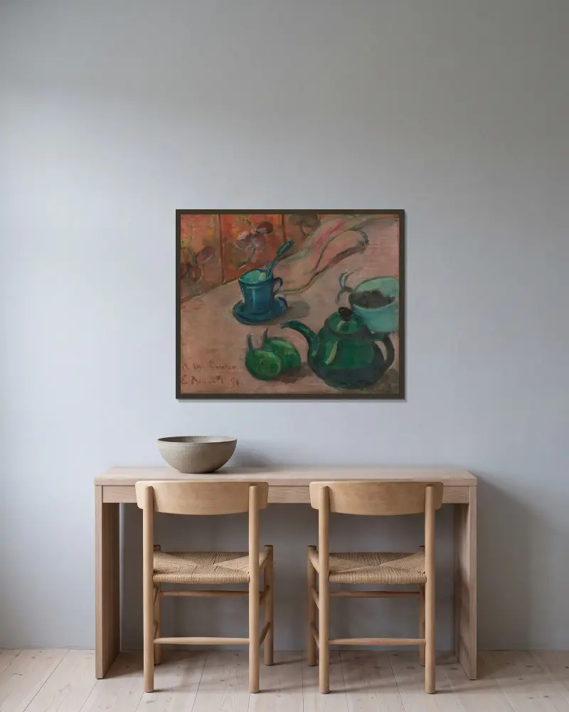 Stilleben med tekanna, kopp och frukt av Emile Bernard inramad på en vägg