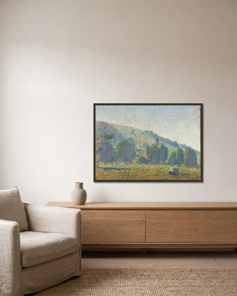 Två bretonska kvinnor på en äng av Emile Bernard inramad på en vägg