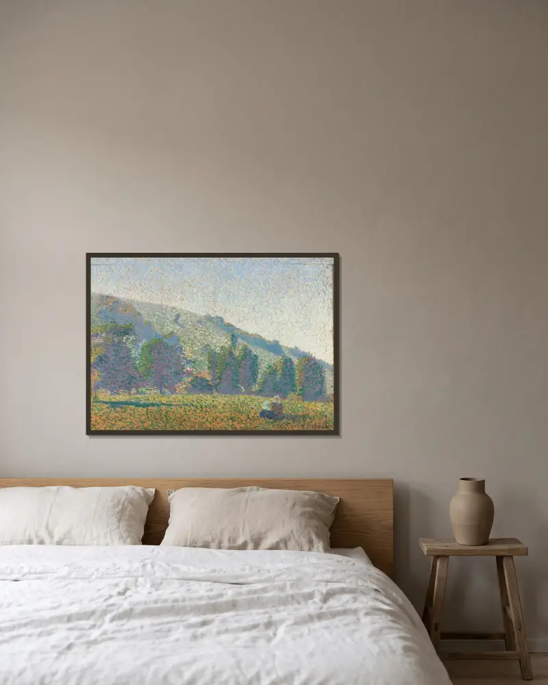 Två bretonska kvinnor på en äng av Emile Bernard inramad på en vägg