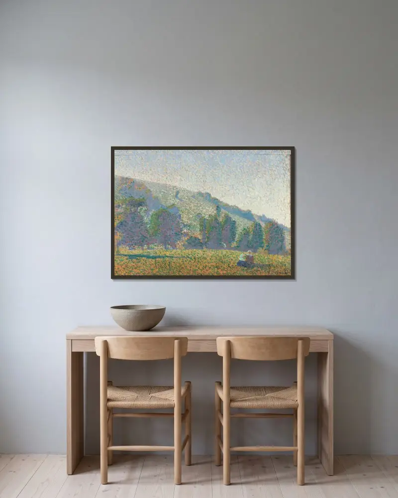 Två bretonska kvinnor på en äng av Emile Bernard inramad på en vägg