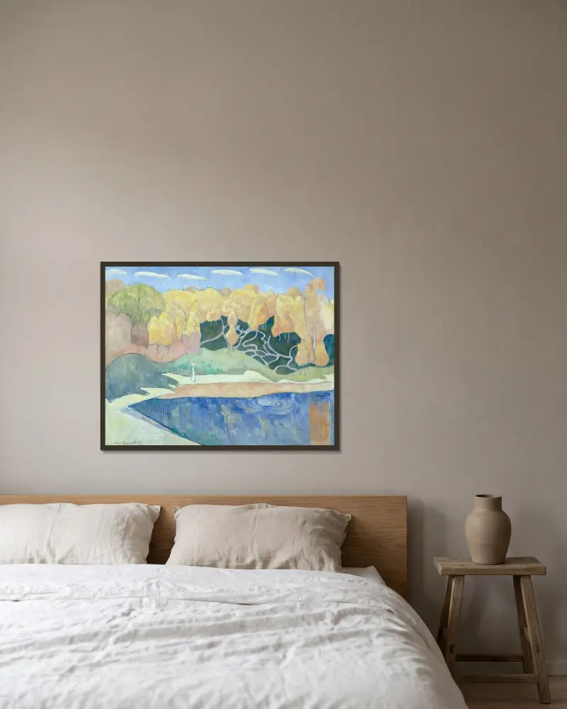 Kvinna som går på stranden av Aven av Emile Bernard inramad på en vägg