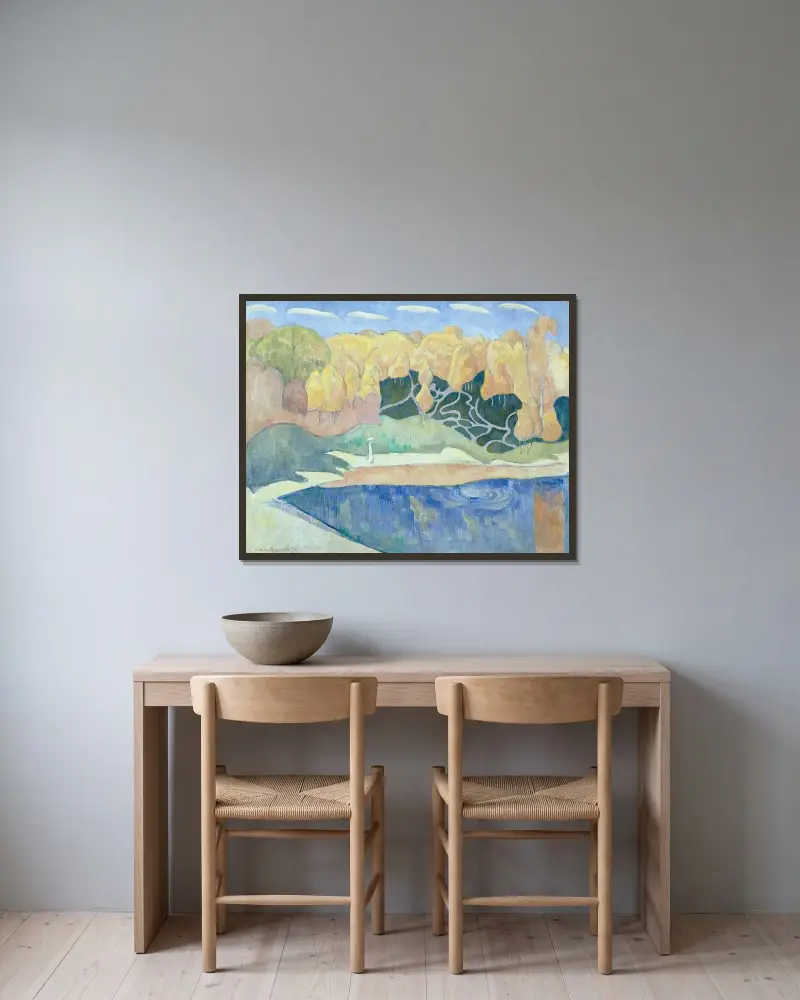 Kvinna som går på stranden av Aven av Emile Bernard inramad på en vägg