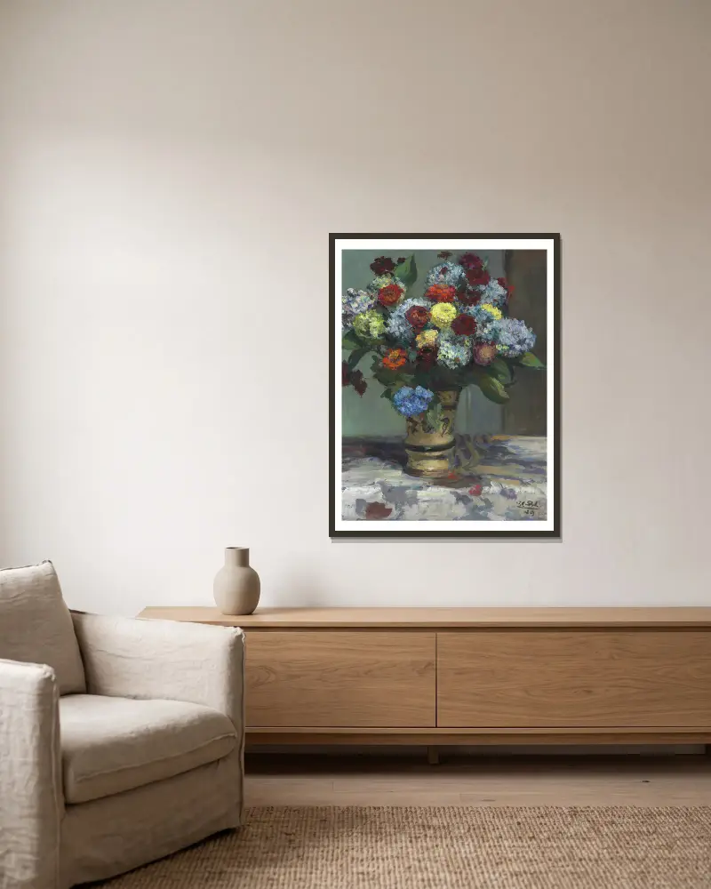 Bouquet de fleurs aux hortensias av Jacques-Émile Blanche inramad på en vägg