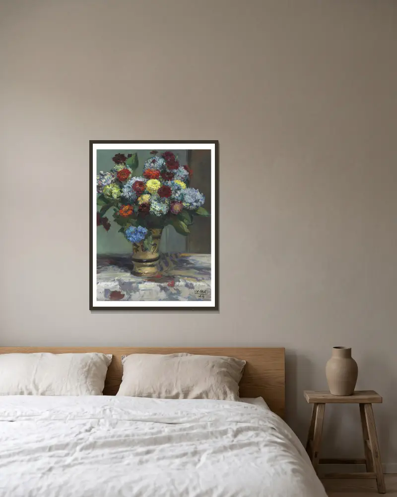 Bouquet de fleurs aux hortensias av Jacques-Émile Blanche inramad på en vägg