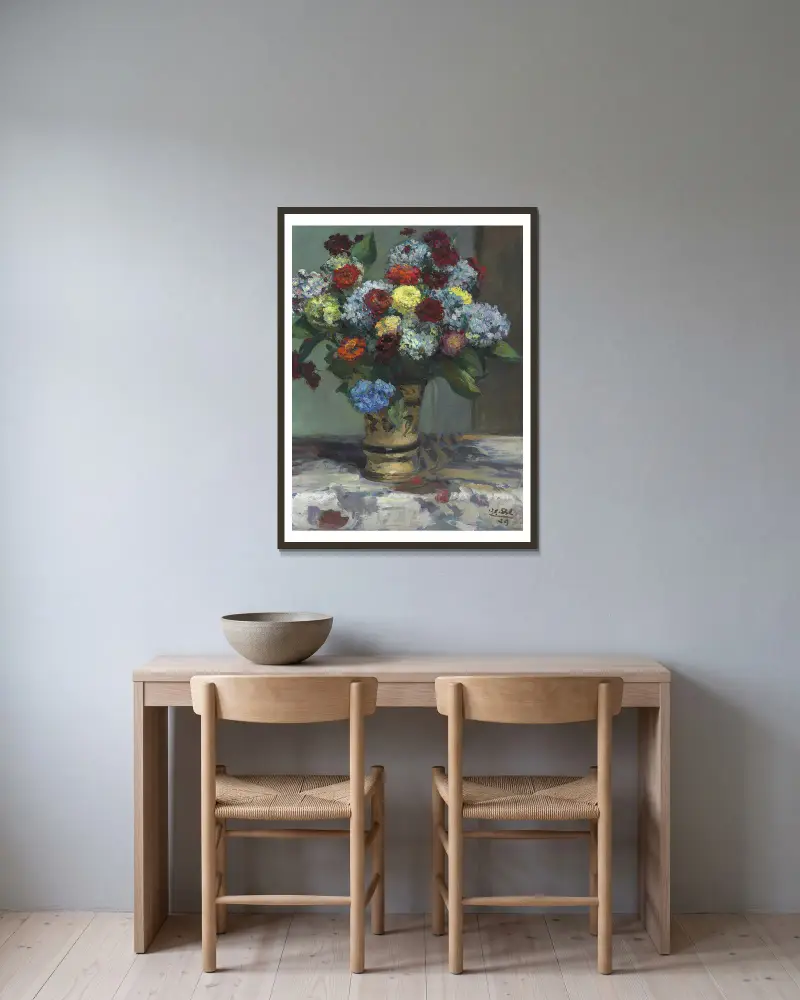 Bouquet de fleurs aux hortensias av Jacques-Émile Blanche inramad på en vägg