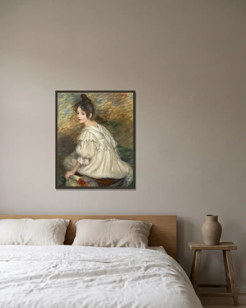 Flicka i vit klänning av Jacques-Émile Blanche inramad på en vägg