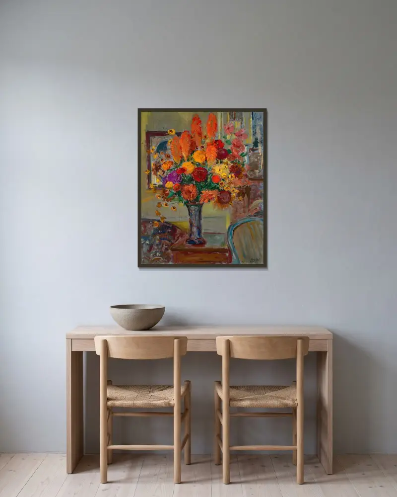 Blommor i en interiör av Jacques-Émile Blanche inramad på en vägg