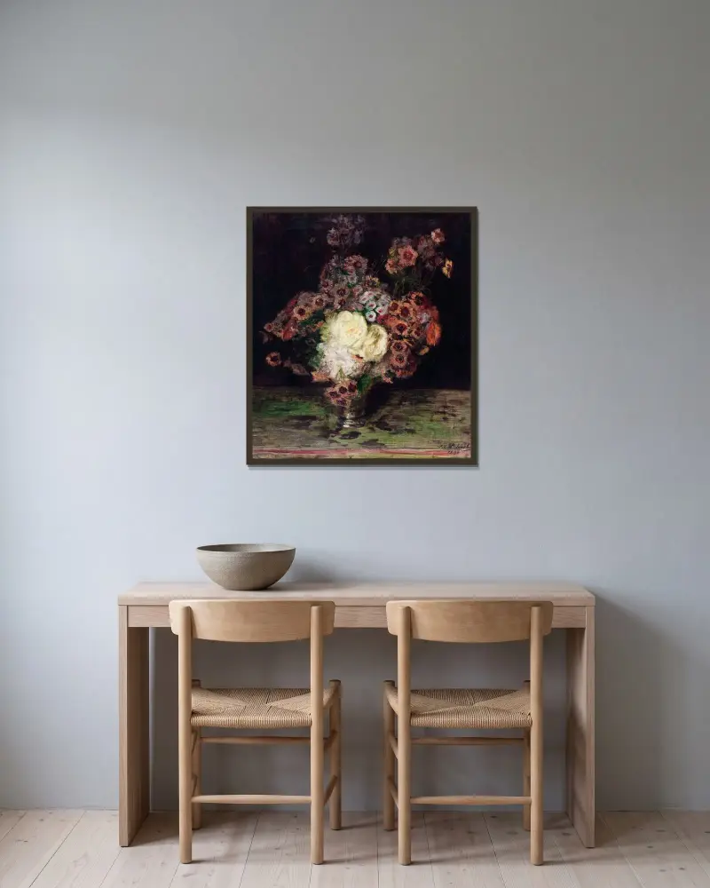 Blommor i vas av Jacques-Émile Blanche inramad på en vägg
