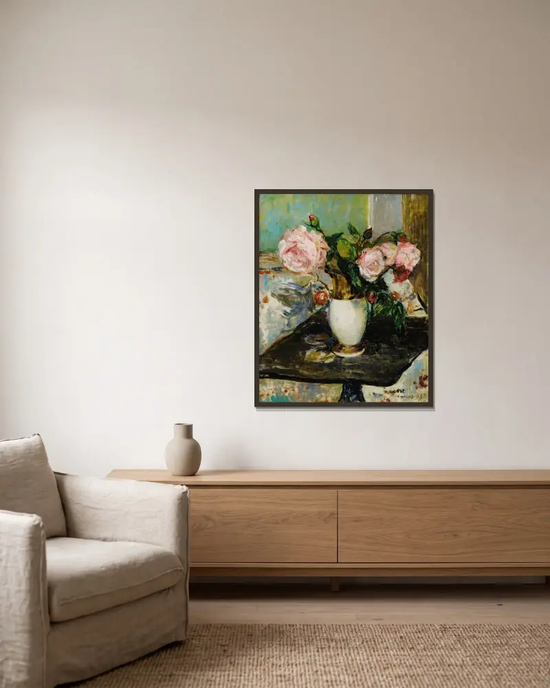Blommor i vas av Jacques-Émile Blanche inramad på en vägg