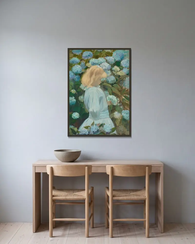 Den lilla flickan med hortensior av Jacques-Émile Blanche inramad på en vägg