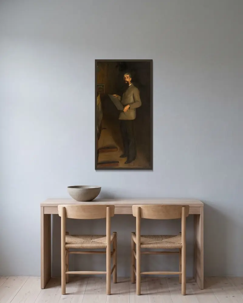 Porträtt av Henri Guérard av Jacques-Émile Blanche inramad på en vägg