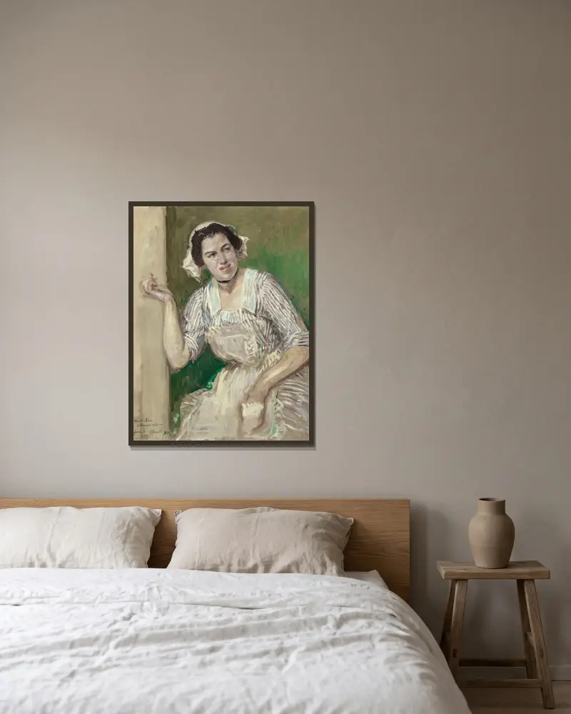 Portrait de Madeleine Pissard en Roxane (l’amour médecin) av Jacques-Émile Blanche inramad på en vägg