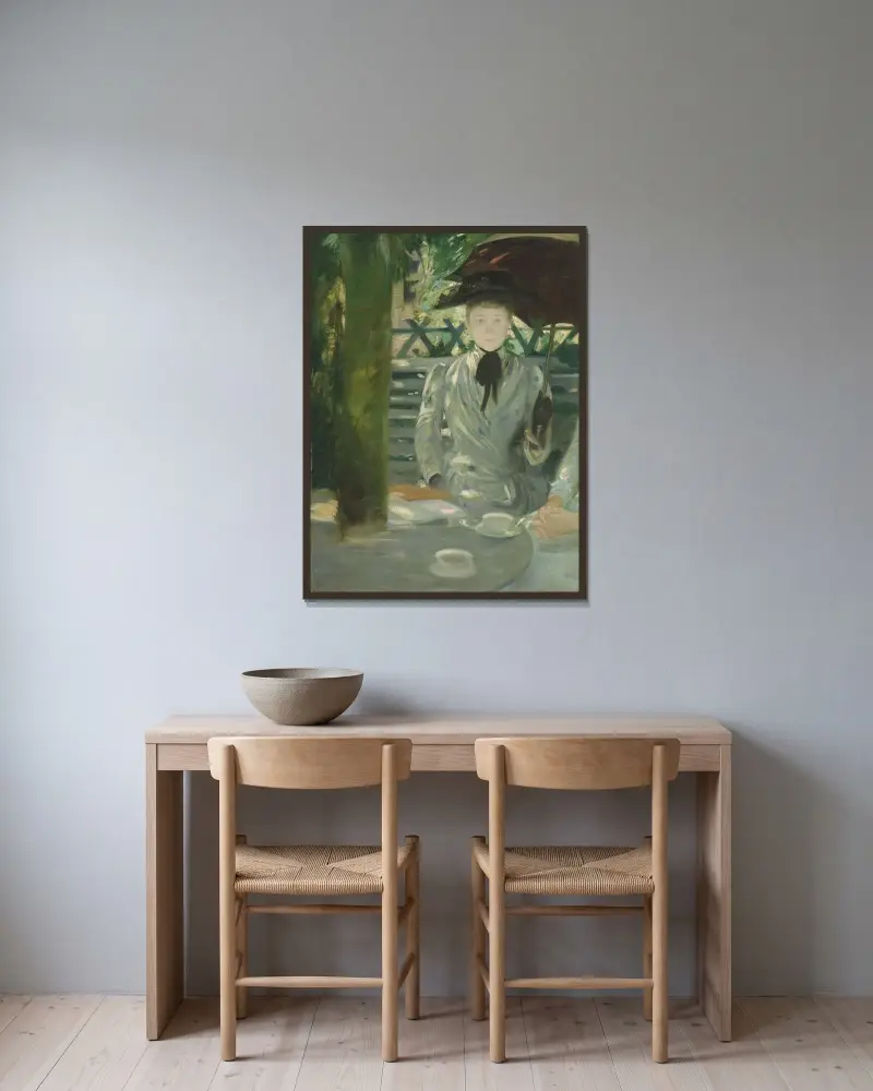 Porträtt av en dam, traditionellt identifierad som Ellen Millicent Cobden (Mrs Walter Sickert) av Jacques-Émile Blanche inramad på en vägg