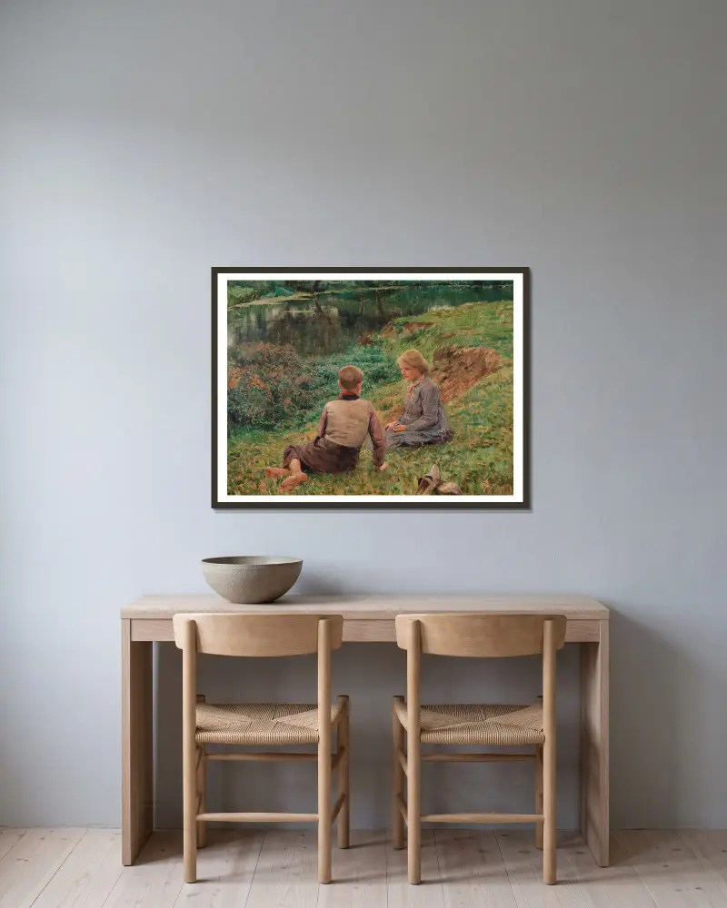 Kinder in einer Landschaft von Emile Claus gerahmt an einer Wand
