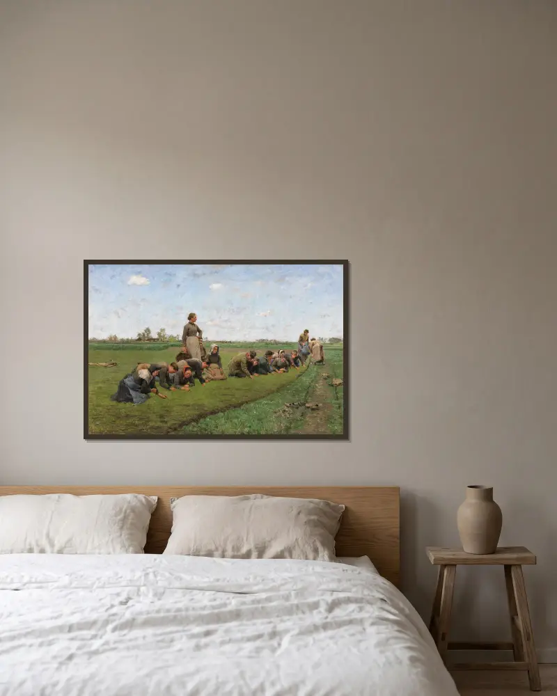 Flaxweeding in Flanders av Emile Claus inramad på en vägg