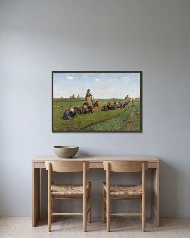 Flaxweeding in Flanders av Emile Claus inramad på en vägg