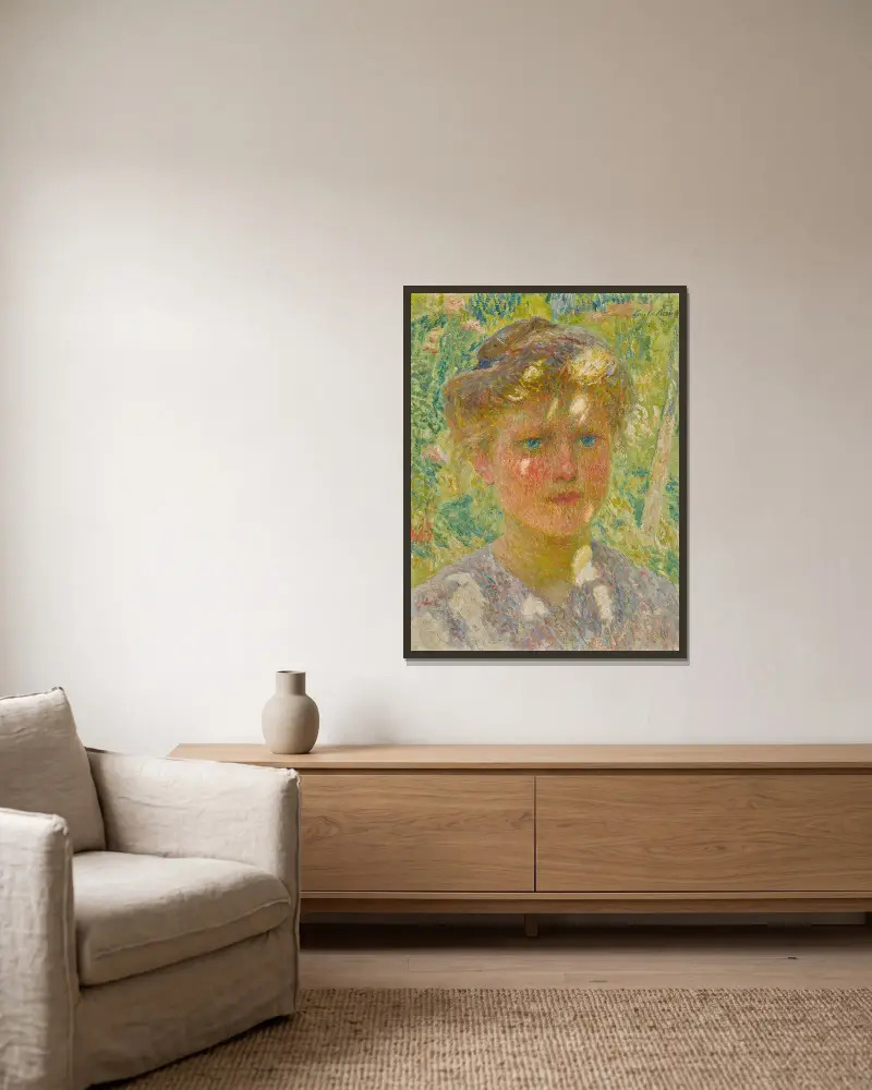 Jeune fille aux cheveux blonds av Emile Claus inramad på en vägg