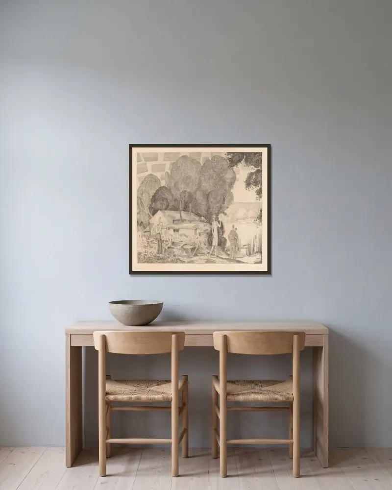 Figur vid ett hus vid vattnet av Jean-Émile Laboureur inramad på en vägg